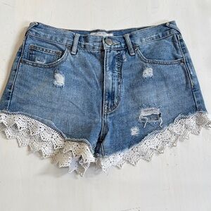Free People Denim and Lace Distressed Shorts 25